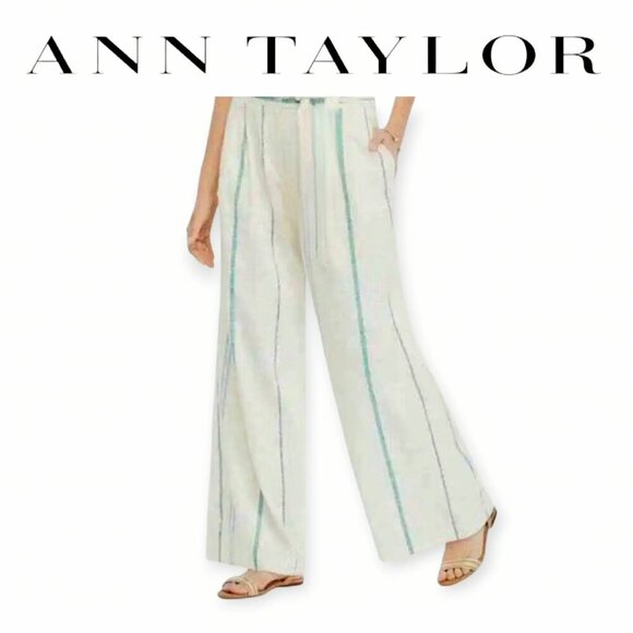 Ann Taylor Cream Blue Green Striped Wide-Leg Linen-Blend Pants Size 12 - Picture 1 of 15